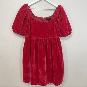 English Factory Rasbperry Red Pink Puff Sleeve Velvet Babydoll Dress Size Small